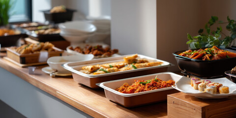 Buffet catering display with warm trays of noodles, spring roll, sushi and hot dishes on wooden counter, inviting communal dining experience