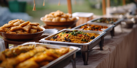 Buffet noodles pastry catering table outdoors festive spread with diverse dishes and warm atmosphere