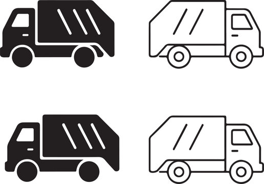 Isolated garbage truck icon set, black garbage truck vector, waste collection symbol, editable garbage truck icon, minimal solid black line outline design, city cleaning for sanitation and transport