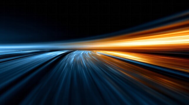 Dynamic streaks of blue and orange light streak across a dark background representing motion or speed.