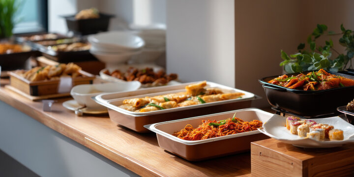 Buffet catering display with warm trays of noodles, spring roll, sushi and hot dishes on wooden counter, inviting communal dining experience