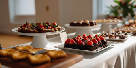 Chocolate cupcake with fresh strawberry topping dessert table catered event, elegant buffet display with assorted pastries and warm ambient