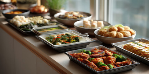 Buffet chicken drumstick broccoli vegetable stir fry fried pastry noodle roll dim sum serving tray buffet table catering display