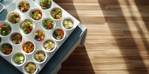Colorful appetizer cups with mixed salads, herbs, berries and crackers arranged on catering tray, warm sunlight and shadow across wooden floor