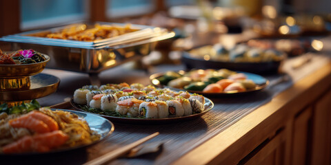 Sushi roll buffet catering outdoor Asian wide shot platter table seafood rice nigiri appetizer party hospitality event wooden table warm lighting
