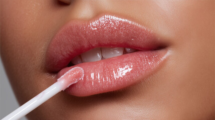Extreme close up of glossy lips with natural pink lip gloss applied, showing smooth skin texture and sensual, feminine beauty look, perfect for makeup and skincare concepts