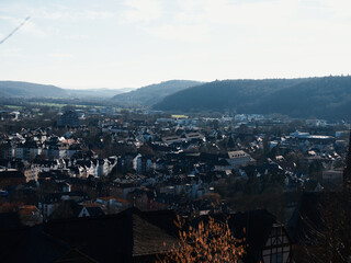 Aerial View of European Town with Hills
