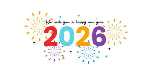 Happy New Year 2026 colorful text and fireworks vector illustration