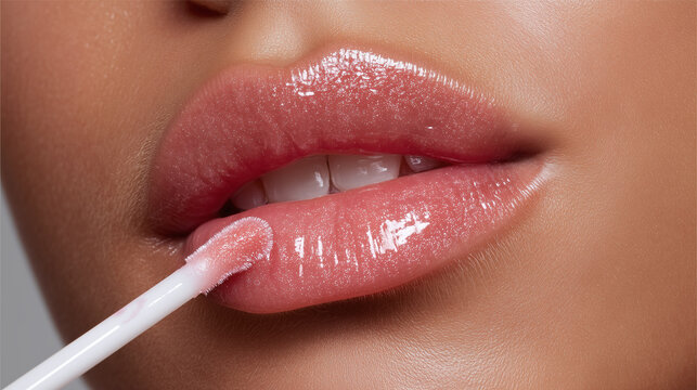 Extreme close up of glossy lips with natural pink lip gloss applied, showing smooth skin texture and sensual, feminine beauty look, perfect for makeup and skincare concepts