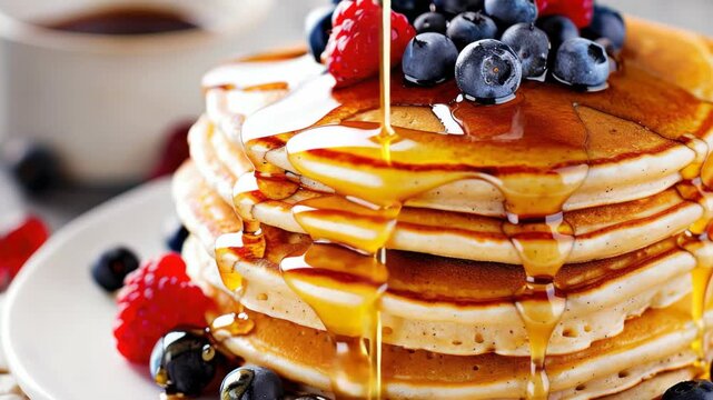 Stack of pancakes with raspberries and blueberries on white plate