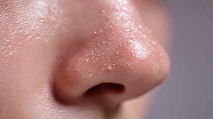 Fototapeta premium Extreme close up of asian male nose with visible pores, oily skin, and water droplets, highlighting skin texture and natural moisture in studio setting