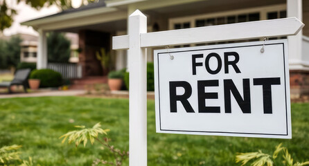 For Rent real estate sign in front of a suburban house.