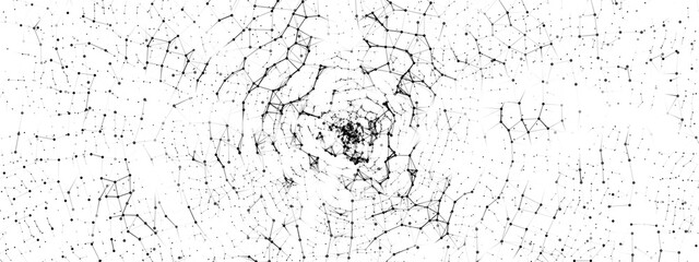 Halftone background with wave-like circular lines, connected by dots, triangles, squares. Maze, puzzle. Plexus texture symbolizes the chaos of digital networks and neural systems.  Tech, business, ads