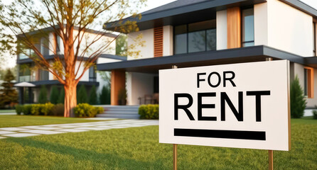 Fototapeta premium For Rent real estate sign in front of a suburban house.