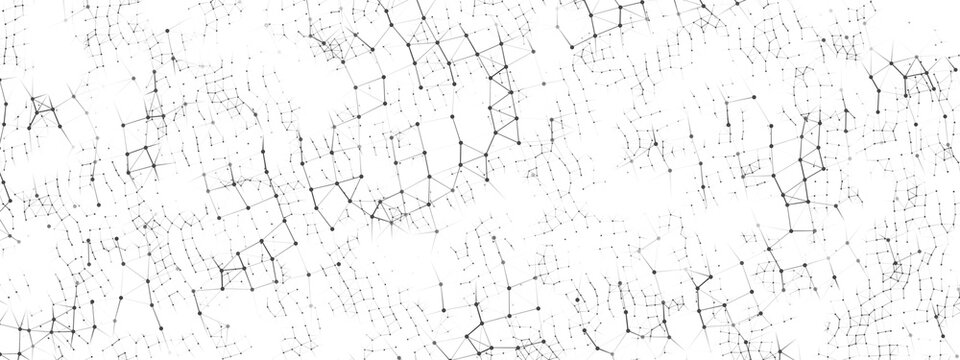 Halftone background with wave like chaotic grid lines, connected by dots, triangles,  squares. Maze, puzzle. Plex texture symbolizes the chaos of digital networks, neural systems. Tech, business, ads