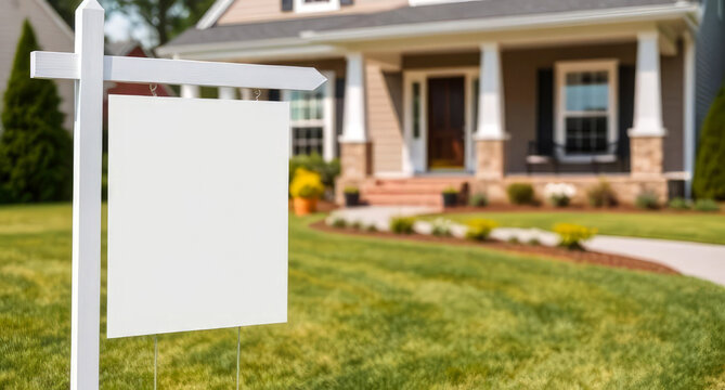 White blank real estate sign with space for your text in front of  modern house. 