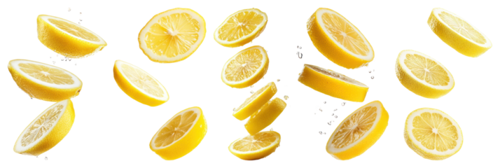 PNG Fresh sliced lemons floating, element set on transparent background