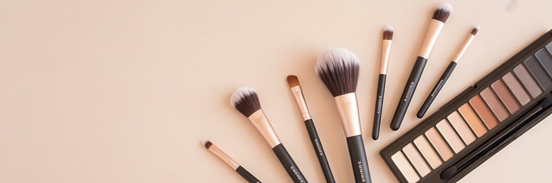 Professional makeup brushes and eyeshadow palette on a light background