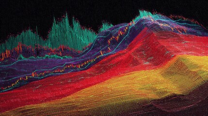 Three dimensional topographical visualization displays fluctuating financial market data against a dark background