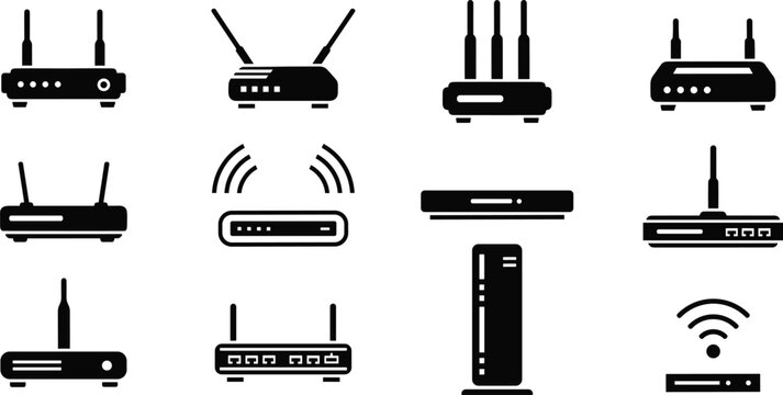 Router, modem, wifi, wireless internet, network device, connectivity, technology, black and white, signal icons, cad drawing flat vector illustration