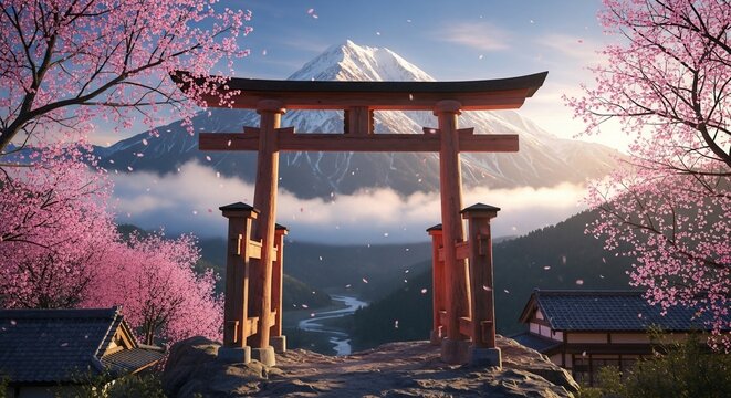 Scenic view of a traditional Japanese torii gate with Mount Fuji in the background, surrounded by cherry blossoms.