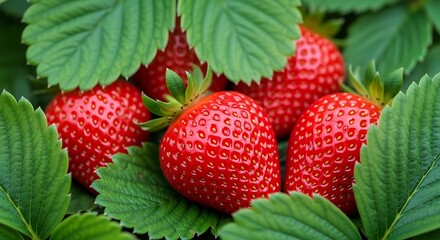 Fresh red strawberries nestled among vibrant green leaves in garden.