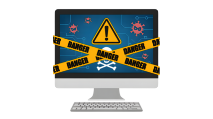 Computer screen displays cyber threat alert with virus icons, caution tape, and skull symbol representing digital danger and security breach