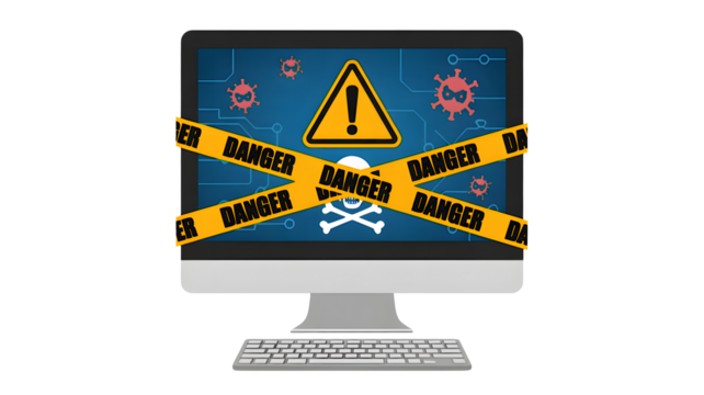 Computer screen displays cyber threat alert with virus icons, caution tape, and skull symbol representing digital danger and security breach