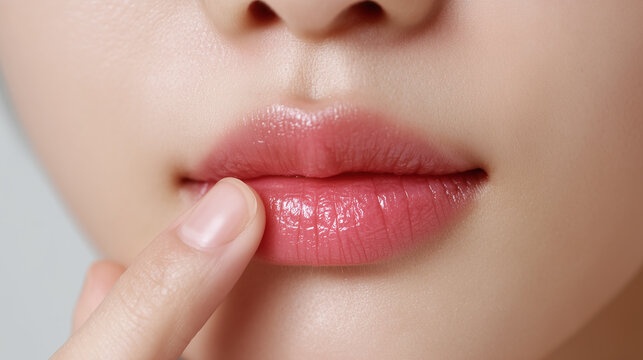 Extreme close up of asian female lips with finger gently touching, showing smooth skin, natural pink color, and soft texture, expressing calm and beauty