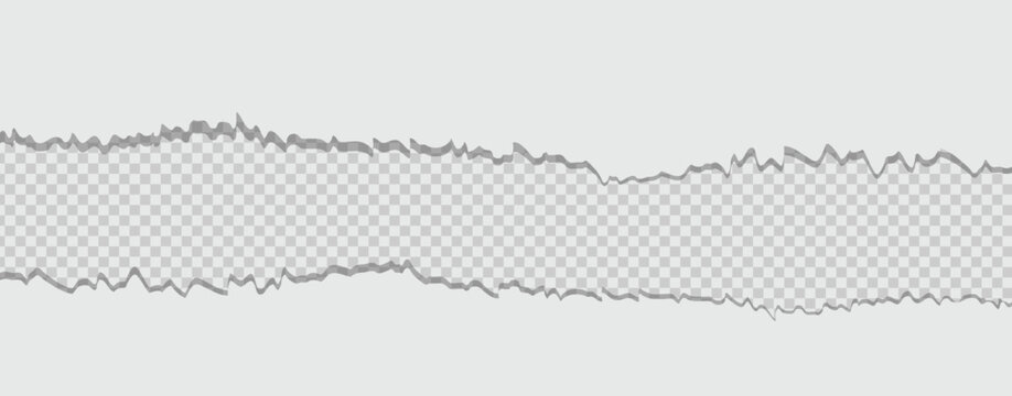 Horizontal torn paper edge. Ripped squared horizontal white paper strips. vector realistic illustration of torn paper with shadow on transparent background. Vector illustration.