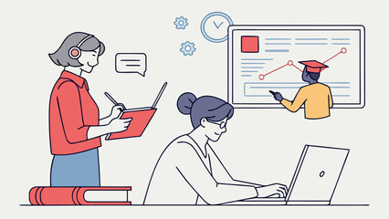 Illustration of two women working with a laptop and a chart presentation in the background on transparent background silhouette