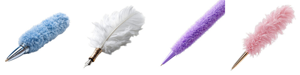 Colorful fluffy pens including blue white purple pink on transparent background