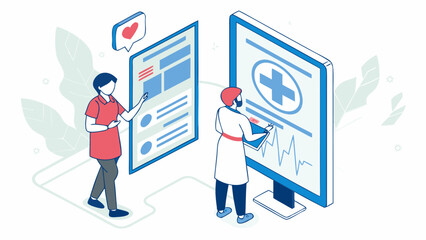 Illustration of a doctor and patient interacting with medical data on digital screens and a heart icon on transparent background silhouette