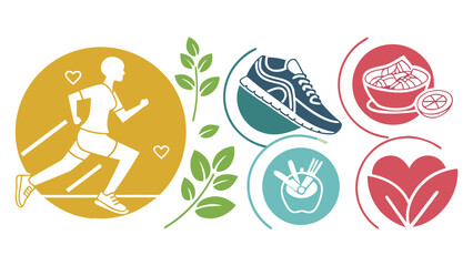 Woman running with hearts, leaves, shoe, salad, apple, and heart in colorful circles on a white background on transparent background silhouette