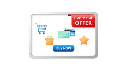 Limited time offer with shopping cart, gift, credit cards, and buy now button cyber monday design isolated on transparent background