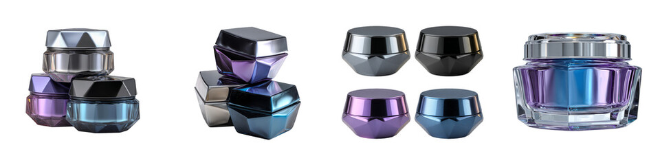 Assorted stylish cosmetic containers in various colors on transparent background