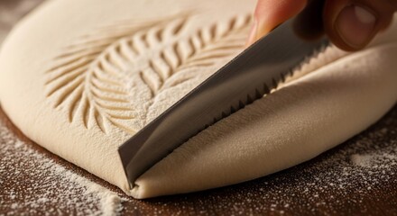 Close-up of a person scoring bread dough with a lame to create a decorative design.