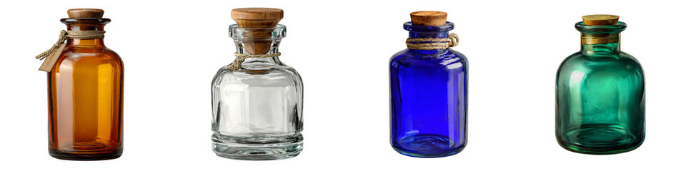 Colorful glass bottles with cork stoppers arranged on transparent background