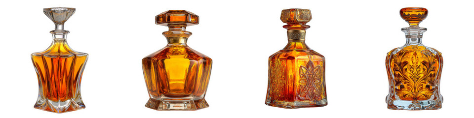 Vintage glass decanters with amber liquid showcasing elegance on transparent background