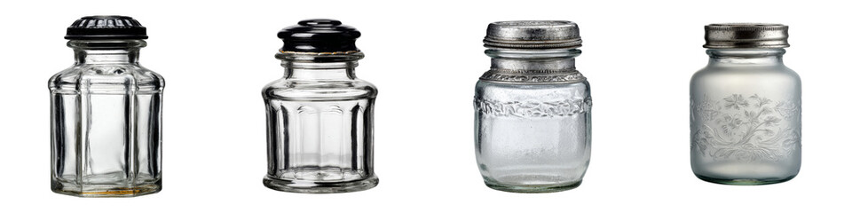various elegant glass jars with metal lids on transparent background