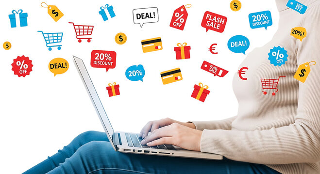 Online shopping with laptop and various discount tags, gift boxes, and credit cards flying around isolated on transparent background cyber monday design