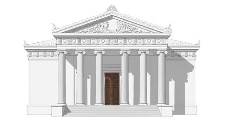 Obraz premium A gray architectural illustration of a building with columns and a triangular pediment against a white background.