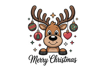 Charming cartoon reindeer with festive ornaments and merry christmas greeting perfect for holiday celebrations