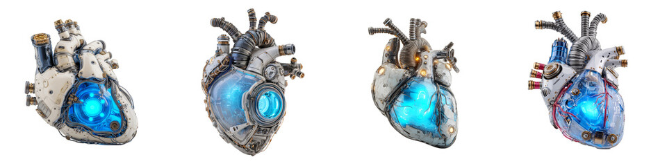 Futuristic mechanical hearts glowing blue sci-fi technology on transparent background