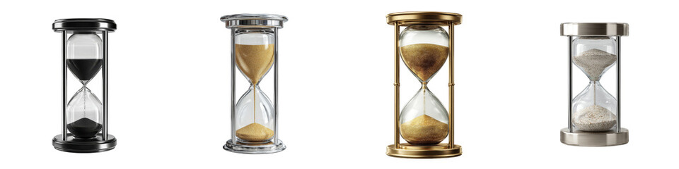 four distinct hourglasses displaying various sands on transparent background