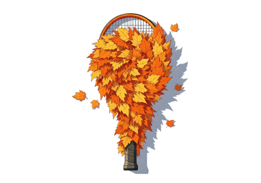 秋のテニスラケット、落ち葉で飾られたスポーツ用具の創造的なイメージ、季節の変わり目を感じるアート