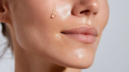 Extreme close up of smooth jawline with facial oil drop, healthy glowing skin, natural beauty, hydration, skincare routine, soft lighting, serene expression
