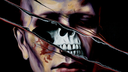 Disturbing dark abstract painting revealing a human skull underneath the skin through a dramatic jagged tear