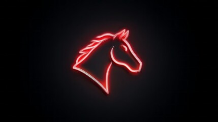 Bright red outlines of a horse's head shine gently on a dark surface. The simple design captures attention, creating a striking visual. This artwork evokes a sense of energy and elegance