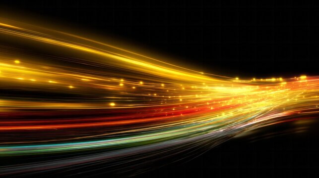 Streaks of golden and colored light curve dynamically across a dark background.